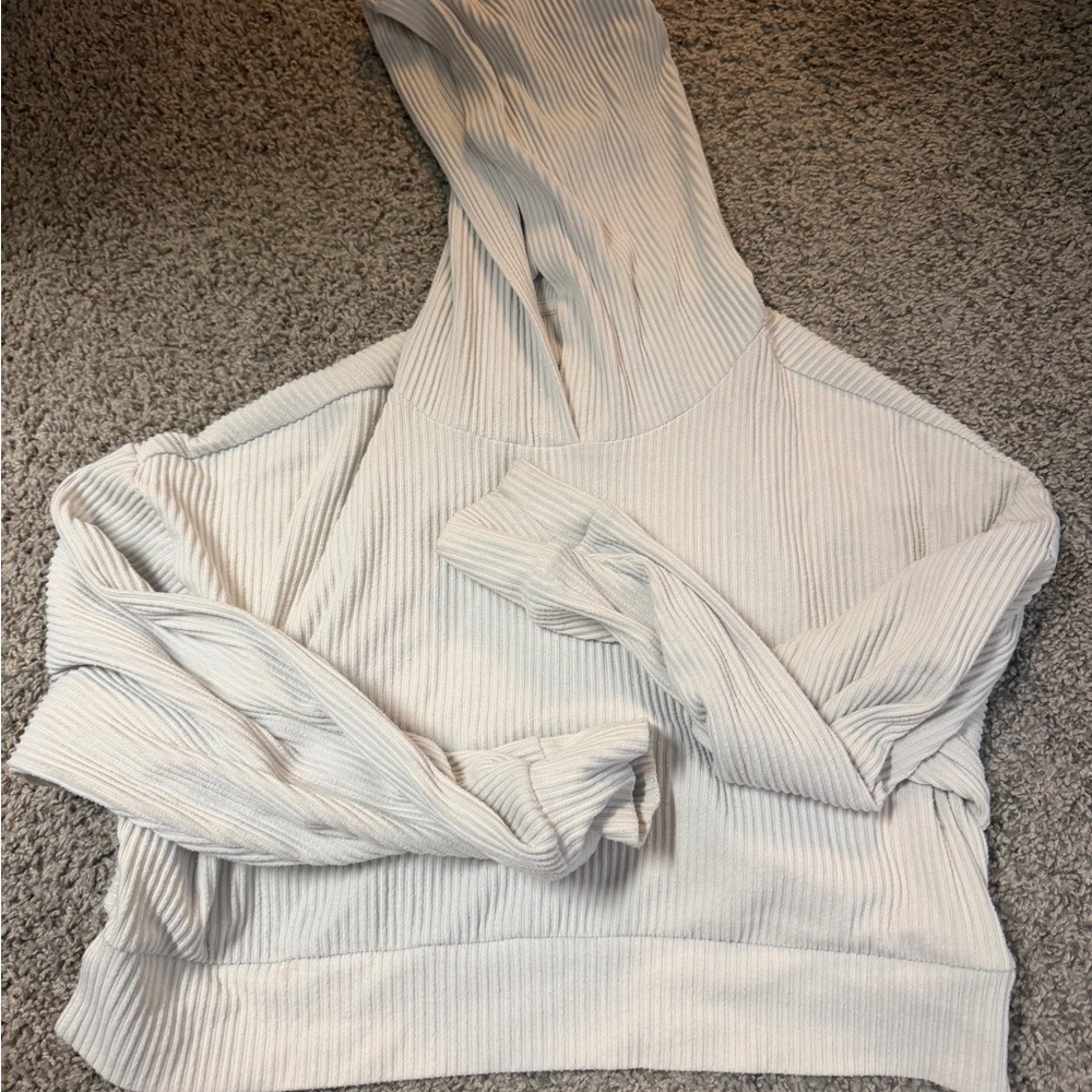 ALO Yoga Ribbed Hooded Pullover in Light Beige